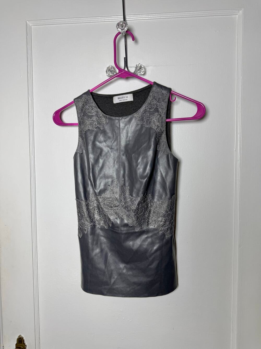 Bailey 44 Dark Gray Vegan Leather Stretch Moto Edgy Lace Tank Top Women's XS